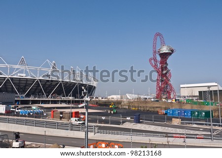 LONDON, UK-MARCH15:The Olympic Park with The Orbit Tower and Olympic Stadium being prepared for The 2012 Olympic Games which will be held in the city of London, March 15, 2012 in London, UK