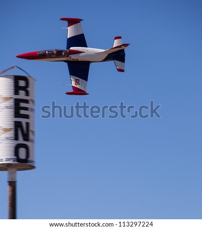 RENO, NEVADA -Â?Â? SEPTEMBER 16.  Darryl Christen flying a L-39, Miss Mona, at the pylon during the Jet Class Silver Medal race at the National Championship Air Races on September 16 near Reno, Nevada.