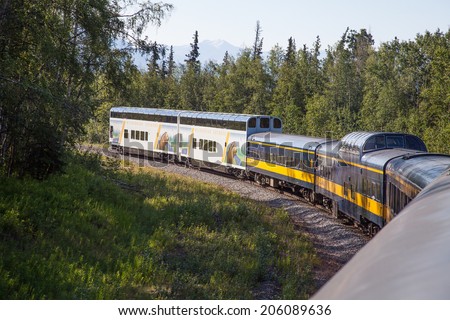 SOUTH CENTRAL ALASKA JULY 5.  Tourists ride the Alaska Railroad train to Denali National Park on a beautiful sunny day on July 5 in South central Alaska.