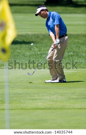 CROMWELL, CT - JUNE 21: Golfer Craig Kanada chips on the green at hole 5 at the Travelers Championship at TPC River Highlands Golf Course on June 21, 2008 in Cromwell, CT