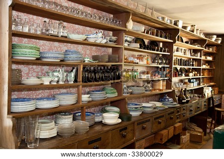 Vintage Dry Goods Store with glassware on display