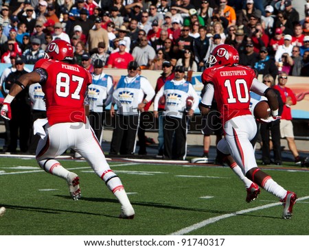 EL PASO – DECEMBER 31:  UTAH\'s DeVonte Christopher (10) runs with the ball UTAH\'s overtime 30 to 27 win over Georgia Tech at the Sun Bowl on December 31, 2011 in El Paso, Texas.