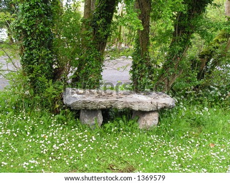 Stone bench in woodland setting.