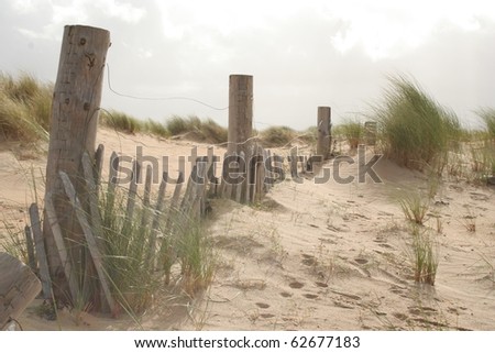 Sand dunes and bleached fence posts at Dugort Beach, Achill Island, Ireland