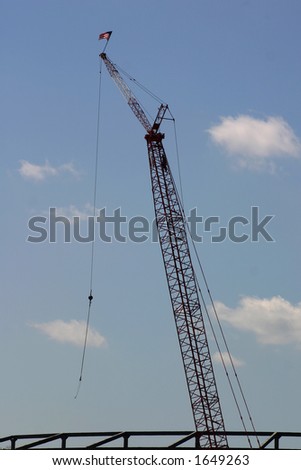 Crane with a flag on top of it