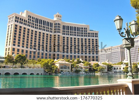 LAS VEGAS, NEVADA, USA - OCTOBER 21, 2013 :  Bellagio Hotel in Las Vegas, Bellagio Hotel and Casino opened in 1998. This luxury hotel owned by MGM Resorts International