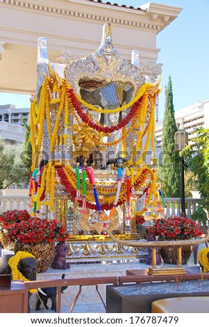 LAS VEGAS, NEVADA, USA - OCTOBER 21, 2013 : Brahman Shrine decorated with garlands of flowers in Las Vegas