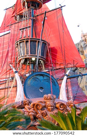LAS VEGAS, NEVADA, USA - OCTOBER 21, 2013 : Pirate ship at pond near Treasure Island hotel  in Las Vegas. This Caribbean themed resort has an hotel with 2,884 rooms