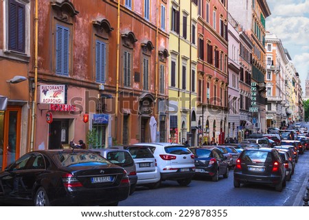 ROME, ITALY - MAY 04, 2014: Cars on the street Via Quattro Fontane in Rome, Italy
