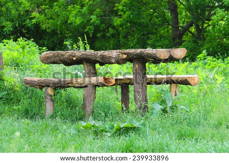 Table and benches made of logs are in the forest