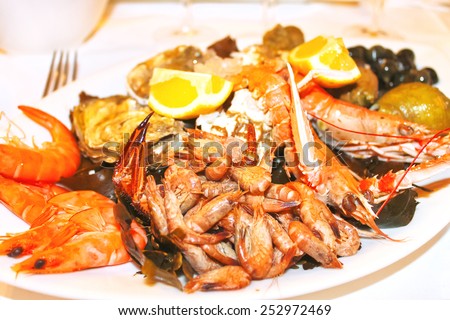 Dish with seafood in a french restaurant restaurant