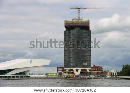 Amsterdam, Netherlands - June 20, 2015: EYE Film Institute and Overhoeks Tower in Amsterdam, Netherlands