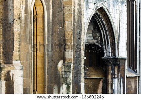 Stone arch and front gate of Lisbon Cathedral, Lisbon, Portugal