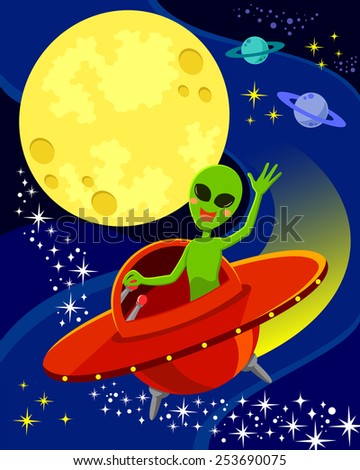 cartoon alien flying in a spaceship and waving his hand.  there is space for text in the moon.