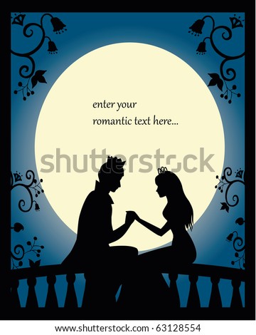 image of lovers. stock vector : romantic silhouette of lovers on a balcony at night