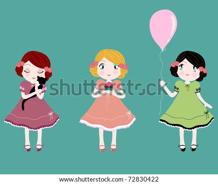 cute girls with roses. stock photo : cute girls holding cute things (see my gallery for vector version)