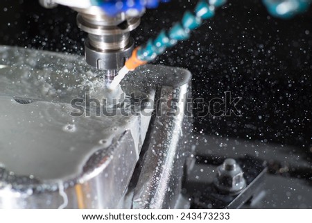 stop motion of CNC machining center milling a part of mould while using coolant.