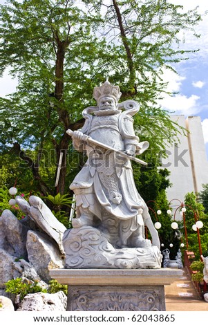 chinese warrior statue in chinese temple bangkok thailand