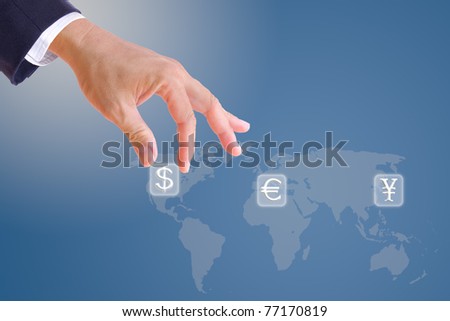 business man hand bring up dollar sign button