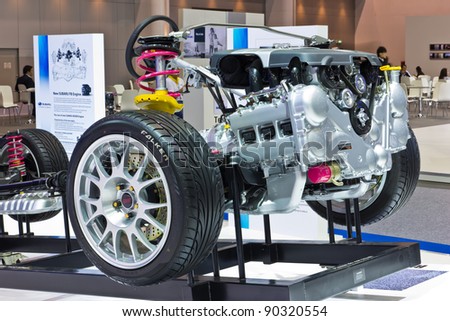 BANGKOK-DEC 01: Subaru car frame and Engine on Display at Thailand International Motor Expo 2011 ,December 01 in Bangkok, Thailand