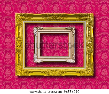 frame of golden wood on pink wallpaper with clipping path