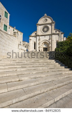 Stairs leading to the St.James cathedral in Sibenik, listed in the UNESCO world heritage, built in medival entirely of stone and marble