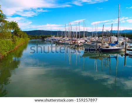 Small sailboats in the harbor in Port Douglas, Australia
