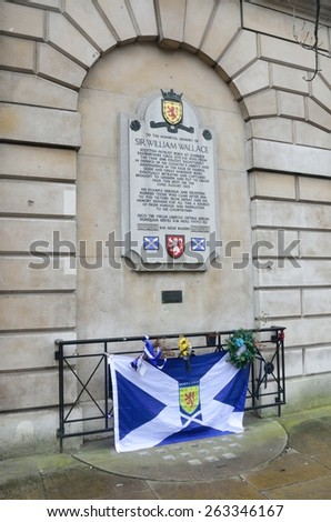 LONDON ENGLAND 28 February 2015: William Wallace memorial of flag london