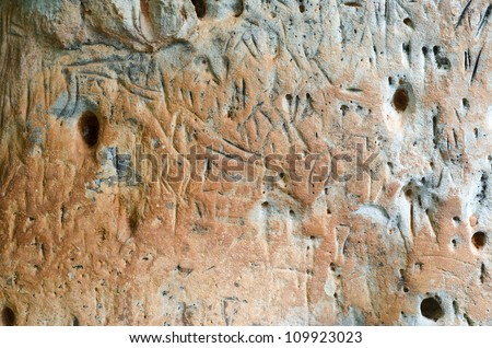 ancient Stone engraving in Phu Pha Yon, Sakon Nakhon, Thailand, The three thousand year old cliff carving was created by using solid tool to mark cliff wall in the shape of animals, people and farm.