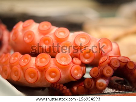 close up octopus arm border prepared for cooking japan food menu in kitchen