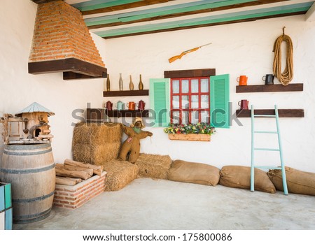 background interior design of an old country house, decorating the room inside the fireplace