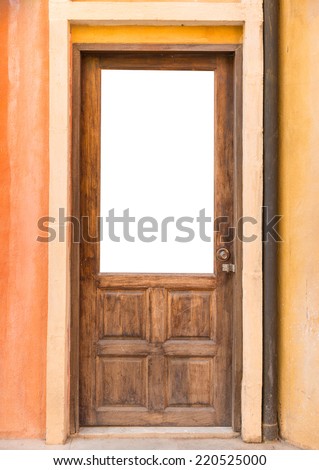 Old Wooden door on orange wall  background