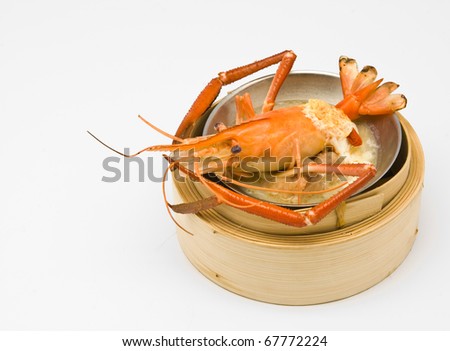 Chinese steamed shrimp dimsum in bamboo containers traditional cuisine