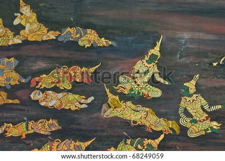 Masterpiece of traditional Thai style painting art  on temple wall at  Bangkok,Thailand