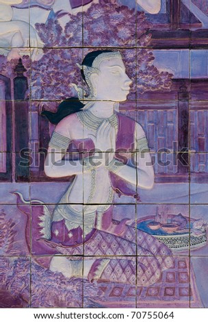brick wall decorate about Buddha\'s biography in temple wall at Chiang Mai, thailand