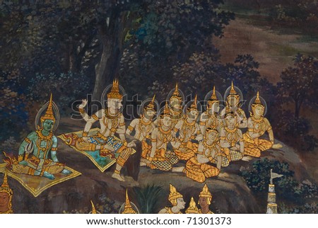 masterpiece of traditional Thai style painting art old about Ramayana story on temple wall at  Watphrakaew, Bangkok,Thailand