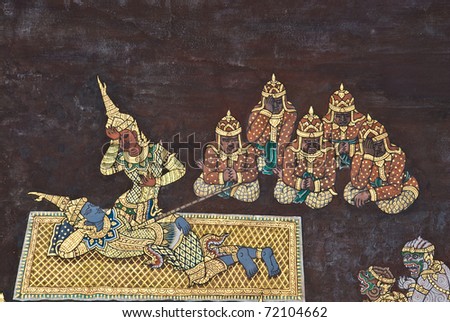 masterpiece of traditional Thai style painting art old about Ramayana story on temple wall at  Watphrakaew, Bangkok,Thailand