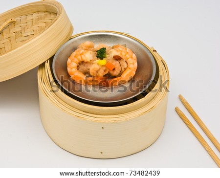 Chinese steamed shrimp dimsum shrimp in bamboo containers traditional cuisine