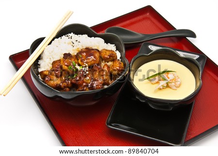 Rice with Chicken Teriyaki and Chinese Steam egg on white background