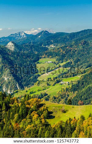 View on wide alley background from in early autumn from the starting point of the mountain lift, Slovenia