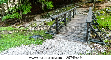 Wooden bridge hidden somewhere in the forest on the road to Bovec, Slovenia
