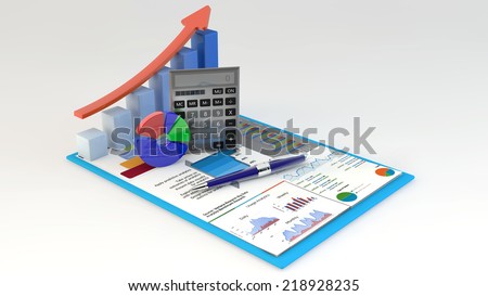 research concept: office calculator, bar graph and pie diagram and pen on financial reports in clipboard isolated on white background/Business Finance, Tax, Accounting, Statistics and Analytic