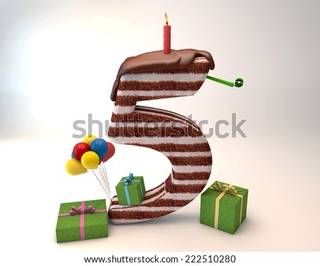 Chocolate cake top by balloon and gift box lit candle for a birthday or anniversary celebration/Number Five Shaped Chocolate Cake