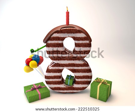 Chocolate cake top by balloon and gift box lit candle for a birthday or anniversary celebration/Number Eight Shaped Chocolate Cake
