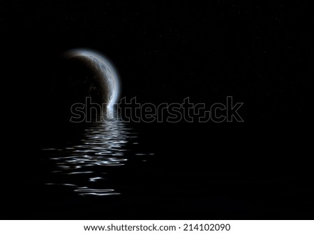 Mysterious planet in the night sky with a track on the water