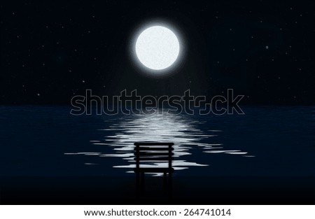 Moon, the stars and moonlit path on the water surface and silhouette of chair