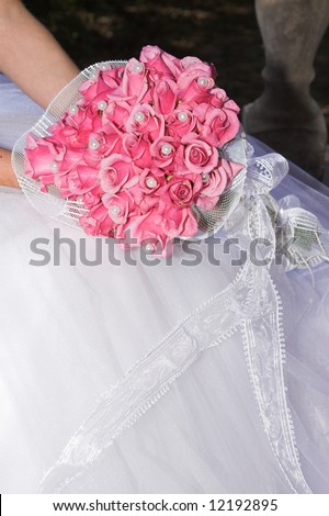 stock photo Wedding Bouquet with pink roses and pearly beads