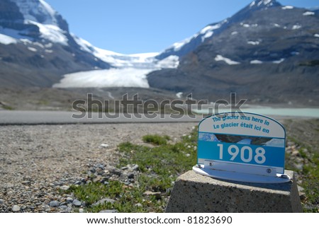 Location and date marker for glacier in Jasper National Park in Canada. Clear evidence of global warming.