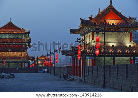 night scene at xian city wall,china