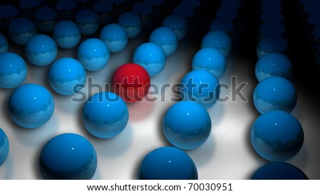blue spheres on a floor with one red sphere that fades out in the distance